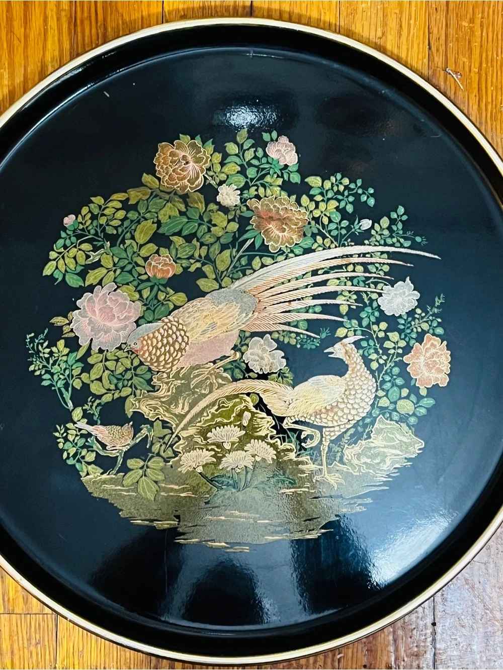 Vintage Japanese Black Lacquer Serving Tray – Peacock & Floral Design – 14” – Ma